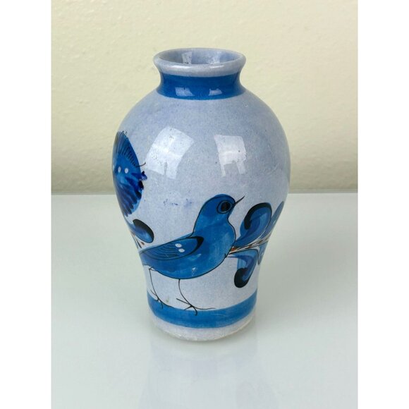 Tonala Made in Mexico Blue Bird Pottery Vase Home Decor Hand Painted 6.25" - Picture 9 of 14